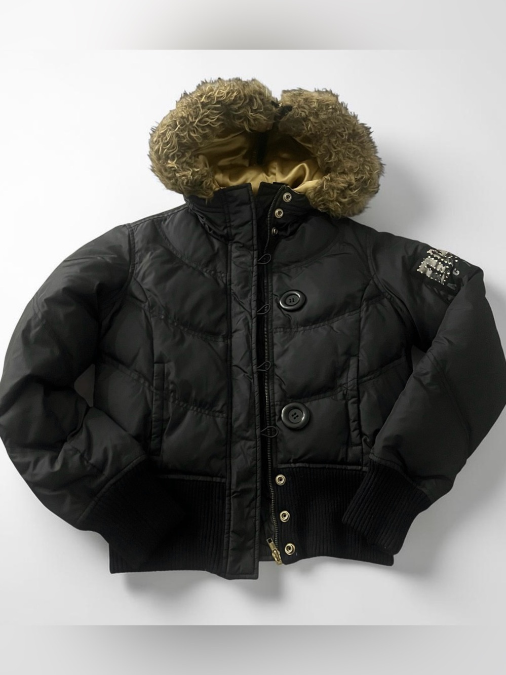 Vintage DKNY Active Puffer Jacket Black Faux Fur Hood Size M